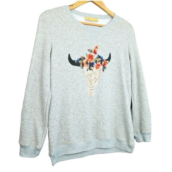 Western Style Floral Cow Skull Boho Sweatshirt Women’s Size Small - Picture 2 of 6